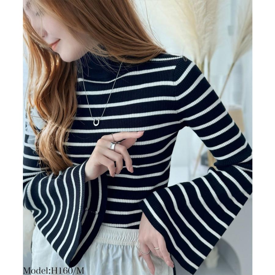 トップス ニット レディース リブニット フレアスリーブ ハイネック 長袖 プルオーバーニット ボトルネック 短丈 レイヤードコーデ 着回し | classicalelf | 08