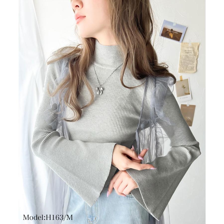 トップス ニット レディース リブニット フレアスリーブ ハイネック 長袖 プルオーバーニット ボトルネック 短丈 レイヤードコーデ 着回し | classicalelf | 09
