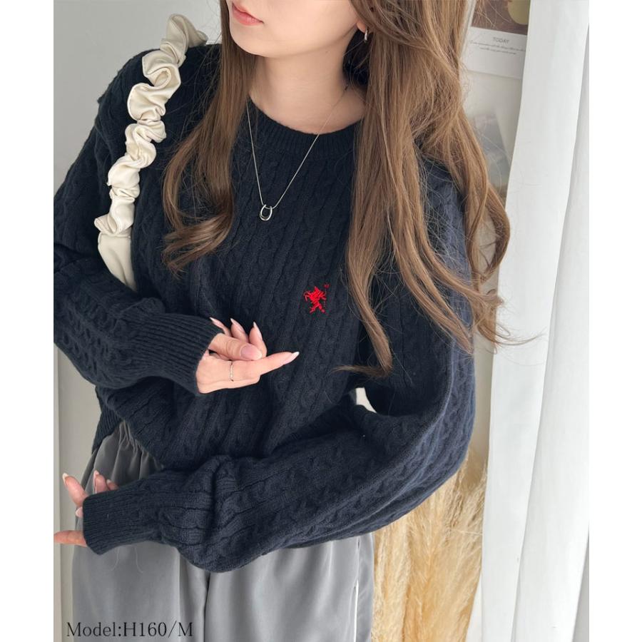 トップス ニット レディース ケーブル セーター 胸刺繍 ワンポイント プルオーバー トラッド プレッピーライク ベーシック ケーブル編み | classicalelf | 10