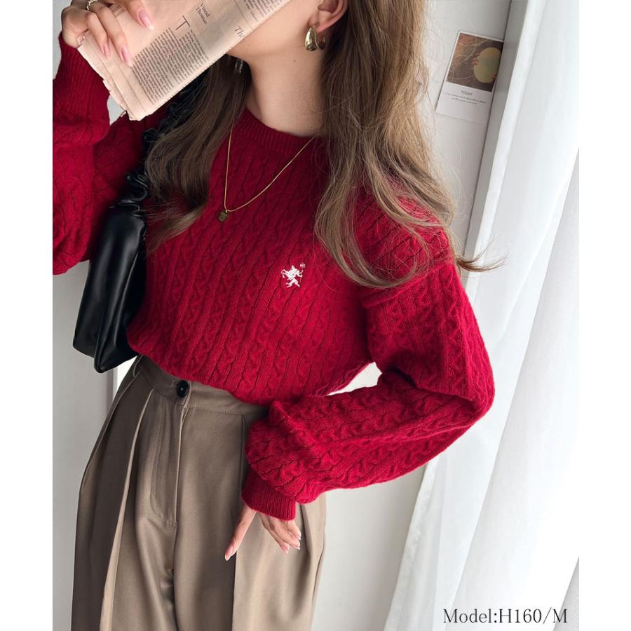 トップス ニット レディース ケーブル セーター 胸刺繍 ワンポイント プルオーバー トラッド プレッピーライク ベーシック ケーブル編み | classicalelf | 12
