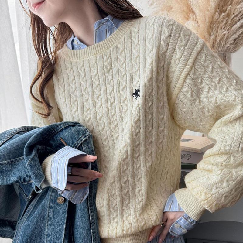 トップス ニット レディース ケーブル セーター 胸刺繍 ワンポイント プルオーバー トラッド プレッピーライク ベーシック ケーブル編み | classicalelf | 16