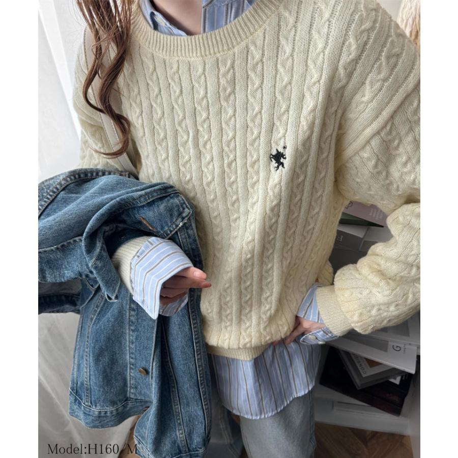 トップス ニット レディース ケーブル セーター 胸刺繍 ワンポイント プルオーバー トラッド プレッピーライク ベーシック ケーブル編み | classicalelf | 02