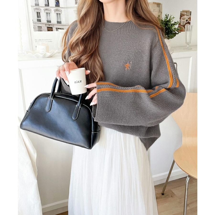 トップス ニット レディース ワンポイント 胸 刺繍 袖 ライン サイドライン もちもち プルオーバー オーバーサイズ モックネック | classicalelf | 10