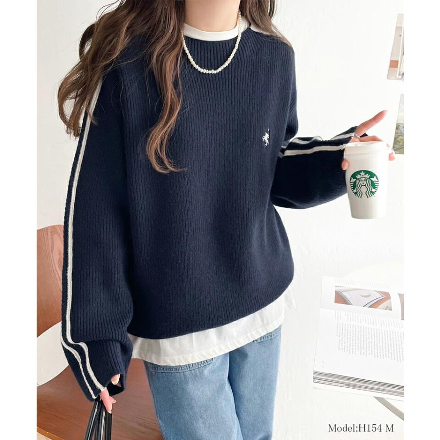 トップス ニット レディース ワンポイント 胸 刺繍 袖 ライン サイドライン もちもち プルオーバー オーバーサイズ モックネック | classicalelf | 12