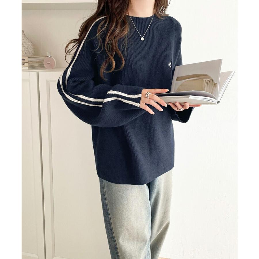 トップス ニット レディース ワンポイント 胸 刺繍 袖 ライン サイドライン もちもち プルオーバー オーバーサイズ モックネック | classicalelf | 13