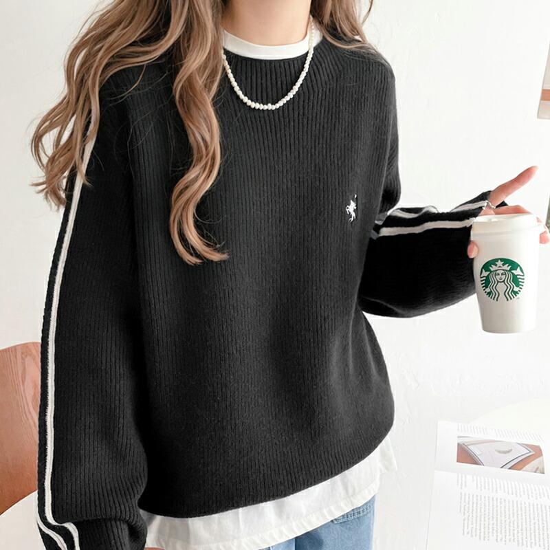 トップス ニット レディース ワンポイント 胸 刺繍 袖 ライン サイドライン もちもち プルオーバー オーバーサイズ モックネック | classicalelf | 17
