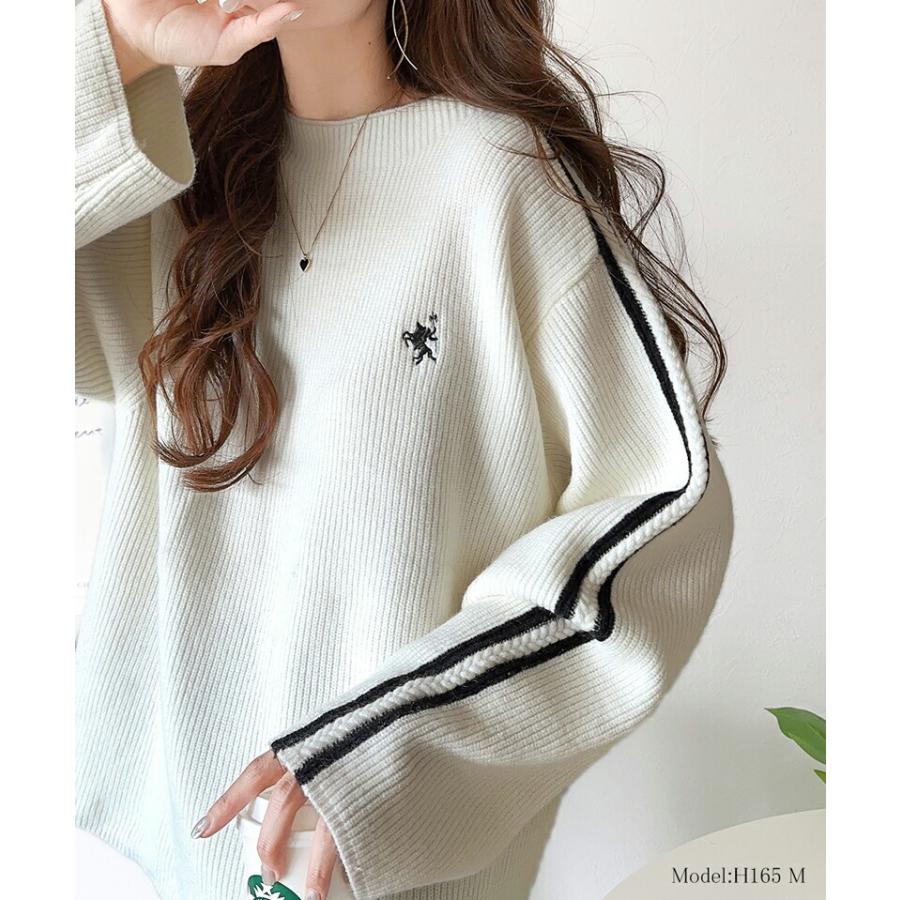 トップス ニット レディース ワンポイント 胸 刺繍 袖 ライン サイドライン もちもち プルオーバー オーバーサイズ モックネック | classicalelf | 02