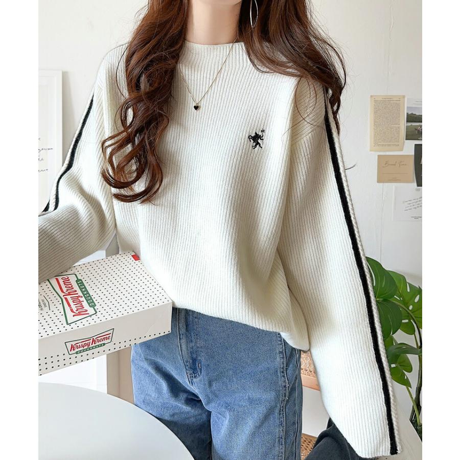 トップス ニット レディース ワンポイント 胸 刺繍 袖 ライン サイドライン もちもち プルオーバー オーバーサイズ モックネック | classicalelf | 03