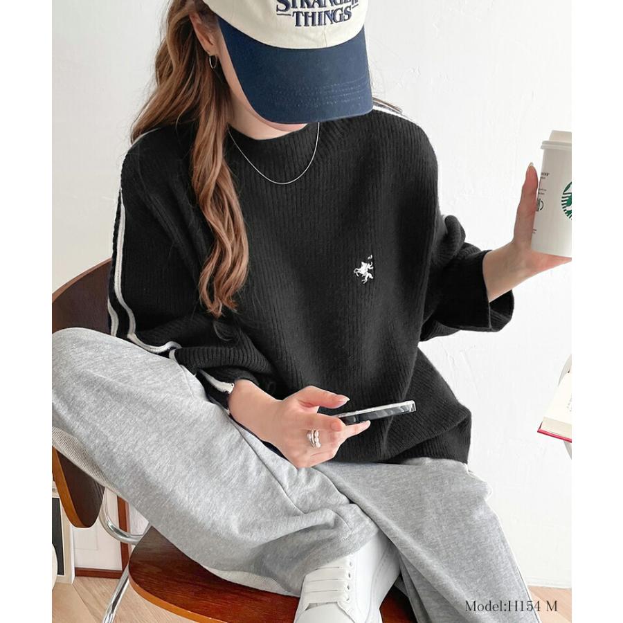 トップス ニット レディース ワンポイント 胸 刺繍 袖 ライン サイドライン もちもち プルオーバー オーバーサイズ モックネック | classicalelf | 05