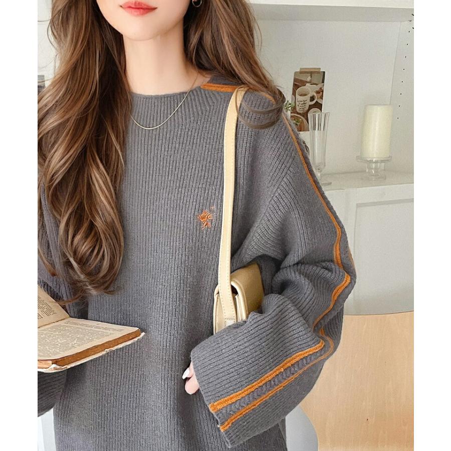 トップス ニット レディース ワンポイント 胸 刺繍 袖 ライン サイドライン もちもち プルオーバー オーバーサイズ モックネック | classicalelf | 09