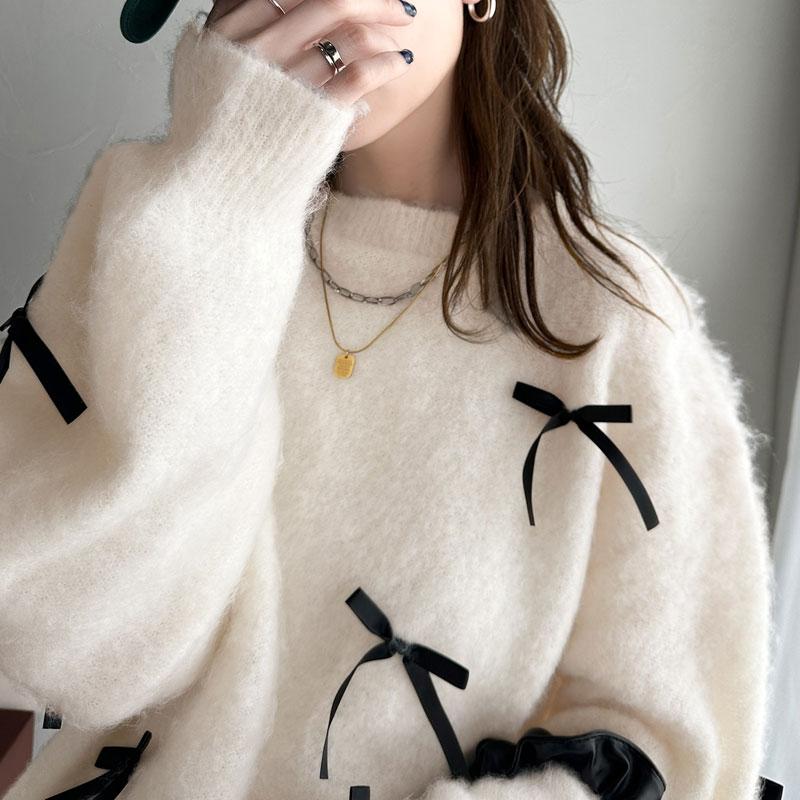 トップス ニット レディース バレエコア リボン シャギー 素材 ニットプルオーバー 起毛 ロングシーズン レイヤードコーデ オーバーサイズ | classicalelf