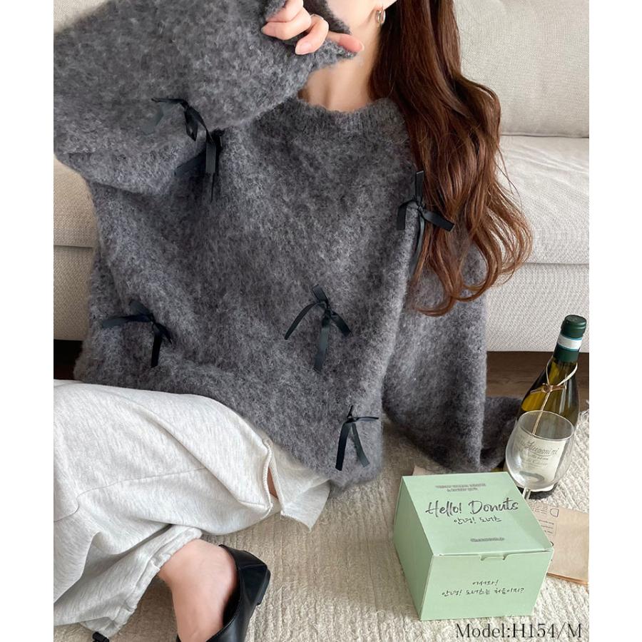 トップス ニット レディース バレエコア リボン シャギー 素材 ニットプルオーバー 起毛 ロングシーズン レイヤードコーデ オーバーサイズ | classicalelf | 12