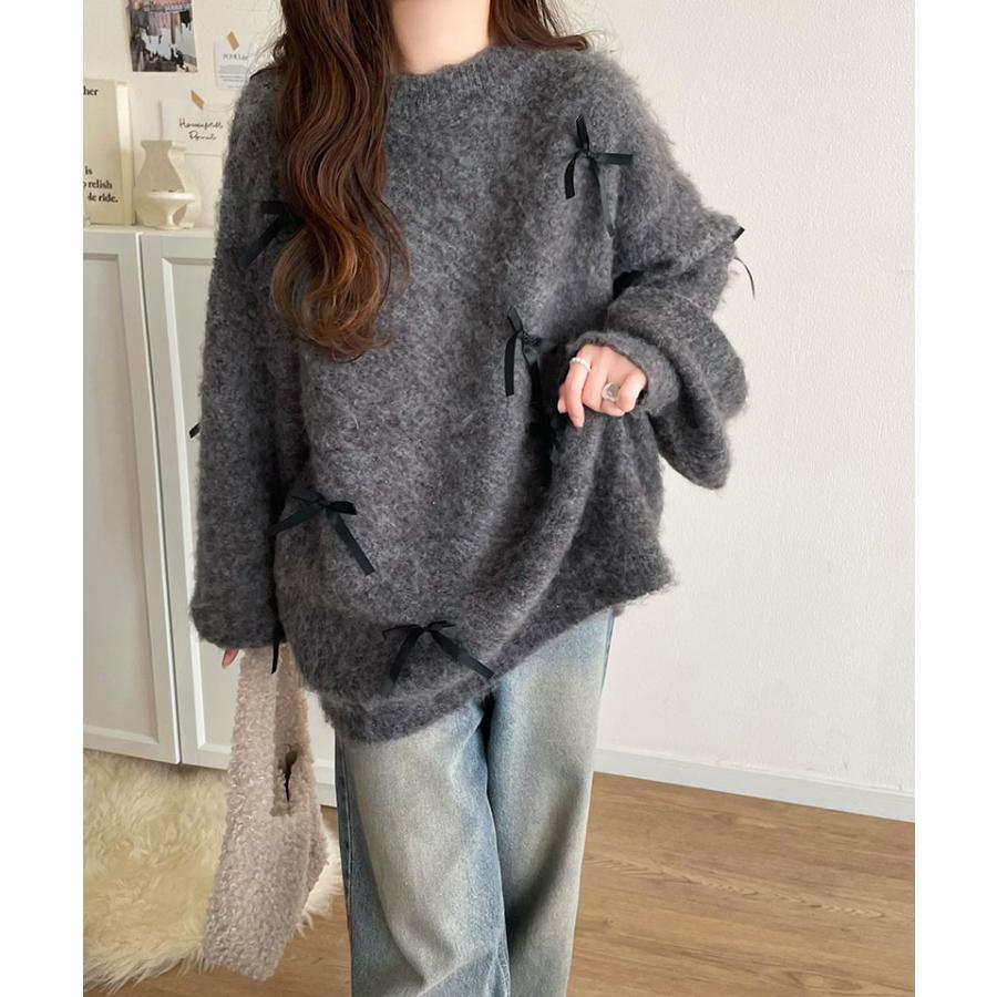 トップス ニット レディース バレエコア リボン シャギー 素材 ニットプルオーバー 起毛 ロングシーズン レイヤードコーデ オーバーサイズ | classicalelf | 13