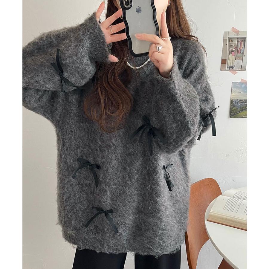 トップス ニット レディース バレエコア リボン シャギー 素材 ニットプルオーバー 起毛 ロングシーズン レイヤードコーデ オーバーサイズ | classicalelf | 14