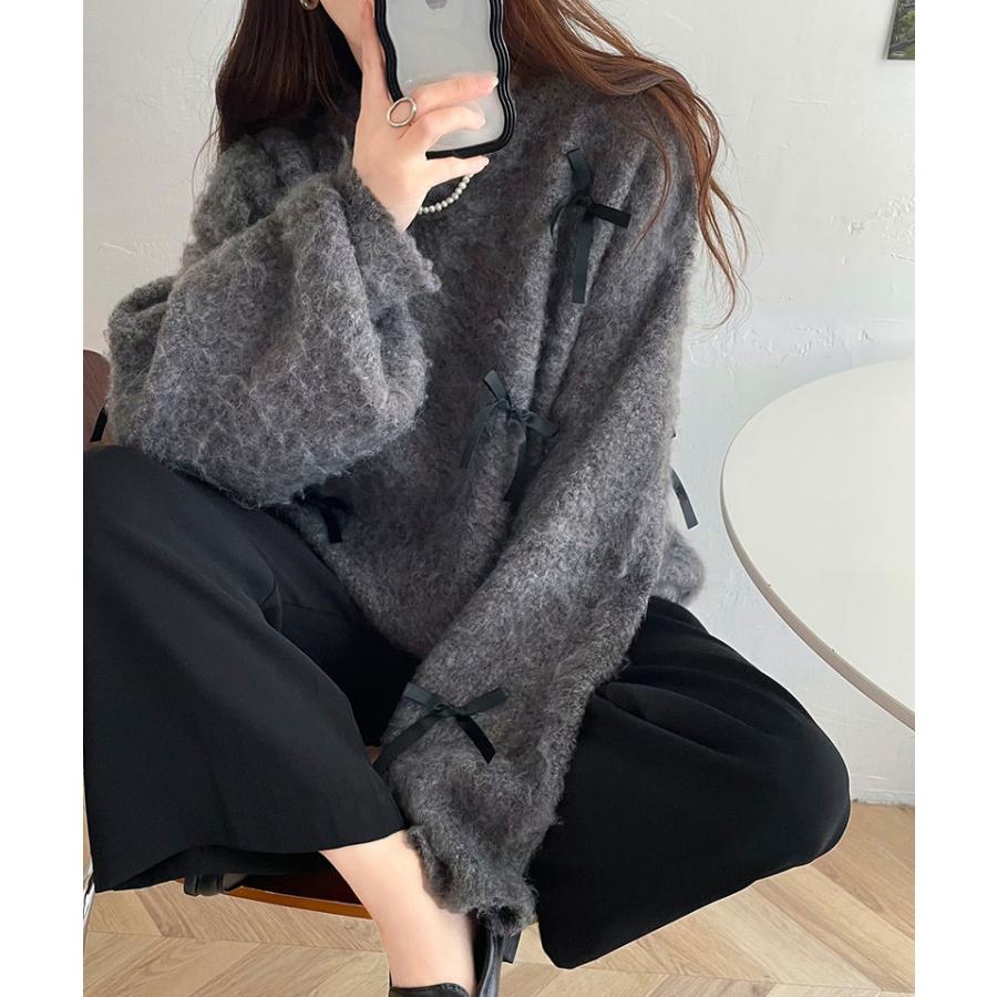 トップス ニット レディース バレエコア リボン シャギー 素材 ニットプルオーバー 起毛 ロングシーズン レイヤードコーデ オーバーサイズ | classicalelf | 15