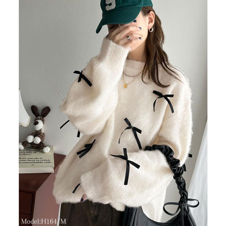 トップス ニット レディース バレエコア リボン シャギー 素材 ニットプルオーバー 起毛 ロングシーズン レイヤードコーデ オーバーサイズ | classicalelf | 02