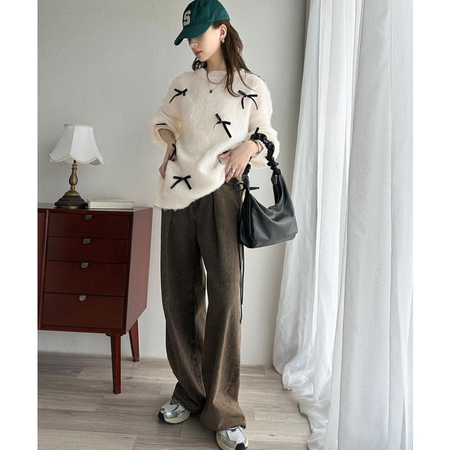 トップス ニット レディース バレエコア リボン シャギー 素材 ニットプルオーバー 起毛 ロングシーズン レイヤードコーデ オーバーサイズ | classicalelf | 03