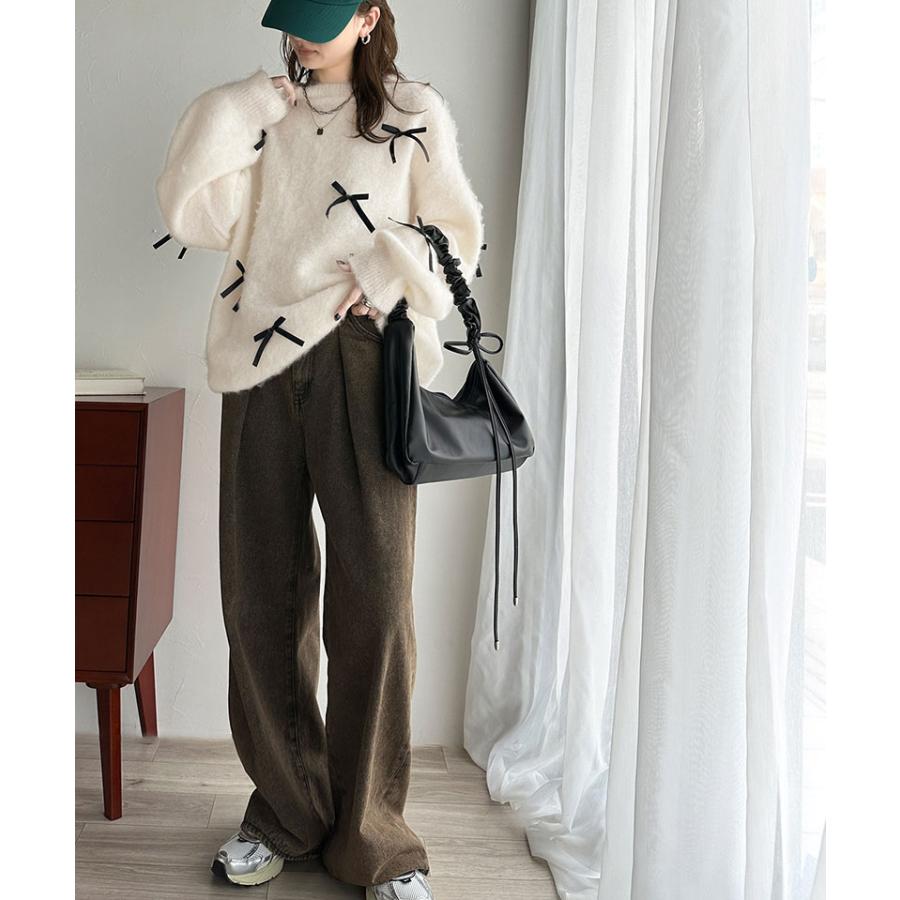 トップス ニット レディース バレエコア リボン シャギー 素材 ニットプルオーバー 起毛 ロングシーズン レイヤードコーデ オーバーサイズ | classicalelf | 04