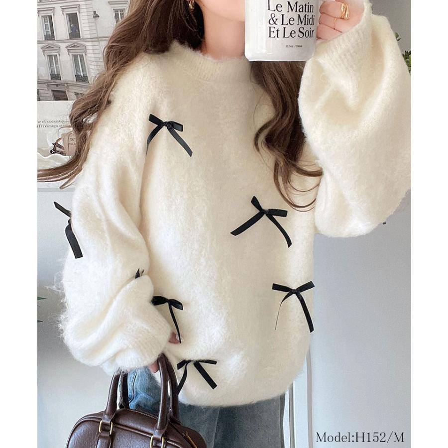 トップス ニット レディース バレエコア リボン シャギー 素材 ニットプルオーバー 起毛 ロングシーズン レイヤードコーデ オーバーサイズ | classicalelf | 05