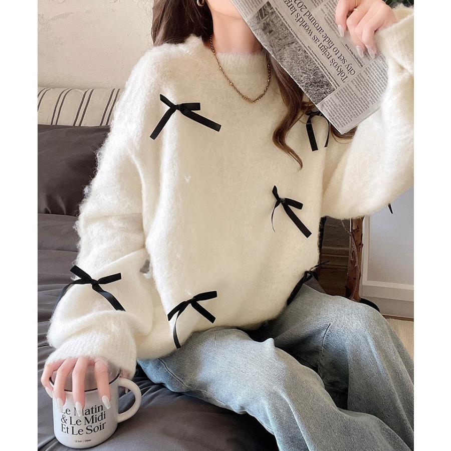 トップス ニット レディース バレエコア リボン シャギー 素材 ニットプルオーバー 起毛 ロングシーズン レイヤードコーデ オーバーサイズ | classicalelf | 06