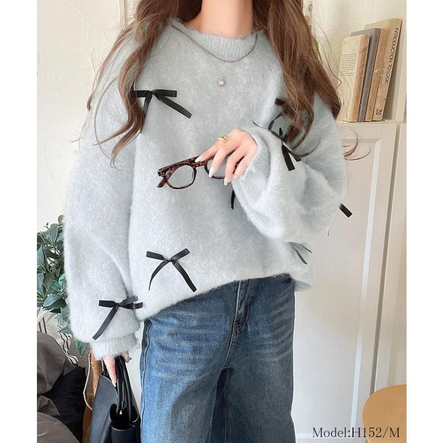 トップス ニット レディース バレエコア リボン シャギー 素材 ニットプルオーバー 起毛 ロングシーズン レイヤードコーデ オーバーサイズ | classicalelf | 07