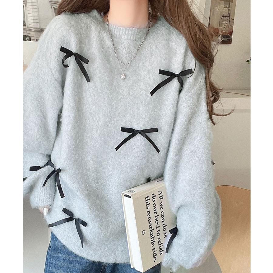 トップス ニット レディース バレエコア リボン シャギー 素材 ニットプルオーバー 起毛 ロングシーズン レイヤードコーデ オーバーサイズ | classicalelf | 08