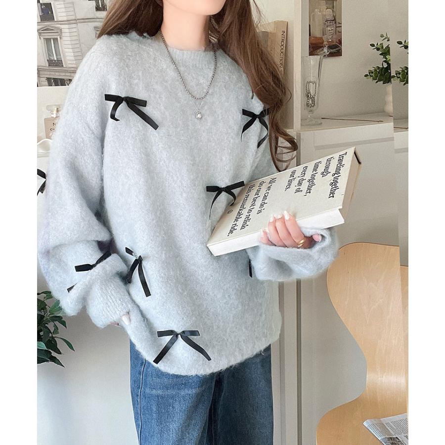 トップス ニット レディース バレエコア リボン シャギー 素材 ニットプルオーバー 起毛 ロングシーズン レイヤードコーデ オーバーサイズ | classicalelf | 09