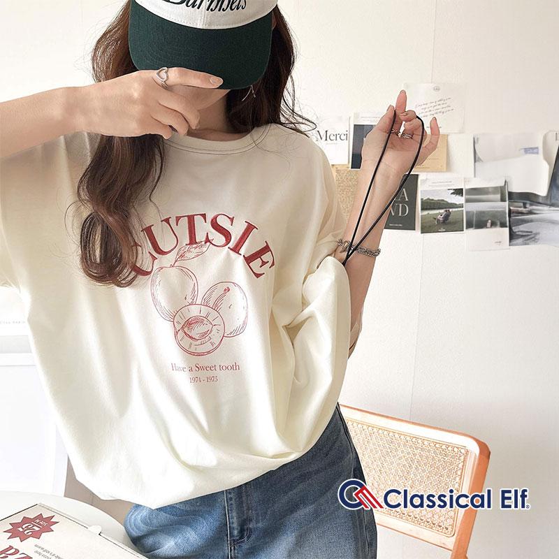 【 クラシカルエルフ classical elf 】 tシャツ レディース 半袖 トップス カットソー フルーツグラフィック 裾ドロスト 前後2way タイト ゆったり | classicalelf
