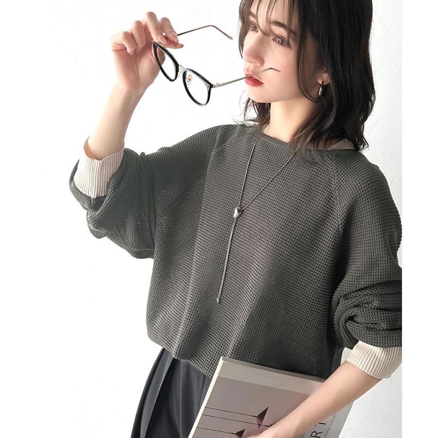 トップス Tシャツ レディース 程よい透け感 オーバーサイズ ワッフル 編み ドルマン 袖 ボートネック ニット プルオーバー 長袖 レトロ | classicalelf | 10