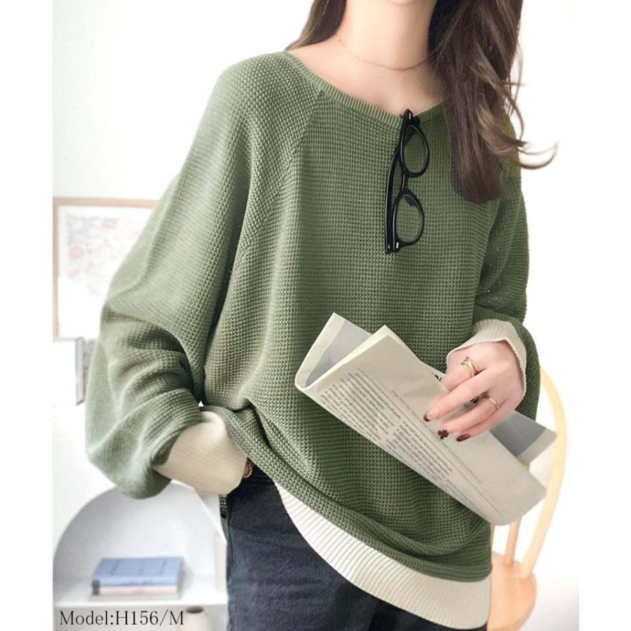 トップス Tシャツ レディース 程よい透け感 オーバーサイズ ワッフル 編み ドルマン 袖 ボートネック ニット プルオーバー 長袖 レトロ | classicalelf | 11