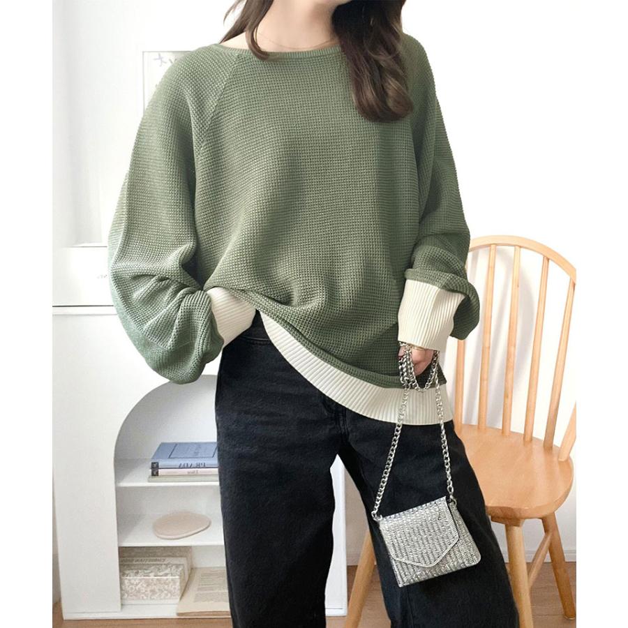 トップス Tシャツ レディース 程よい透け感 オーバーサイズ ワッフル 編み ドルマン 袖 ボートネック ニット プルオーバー 長袖 レトロ | classicalelf | 12