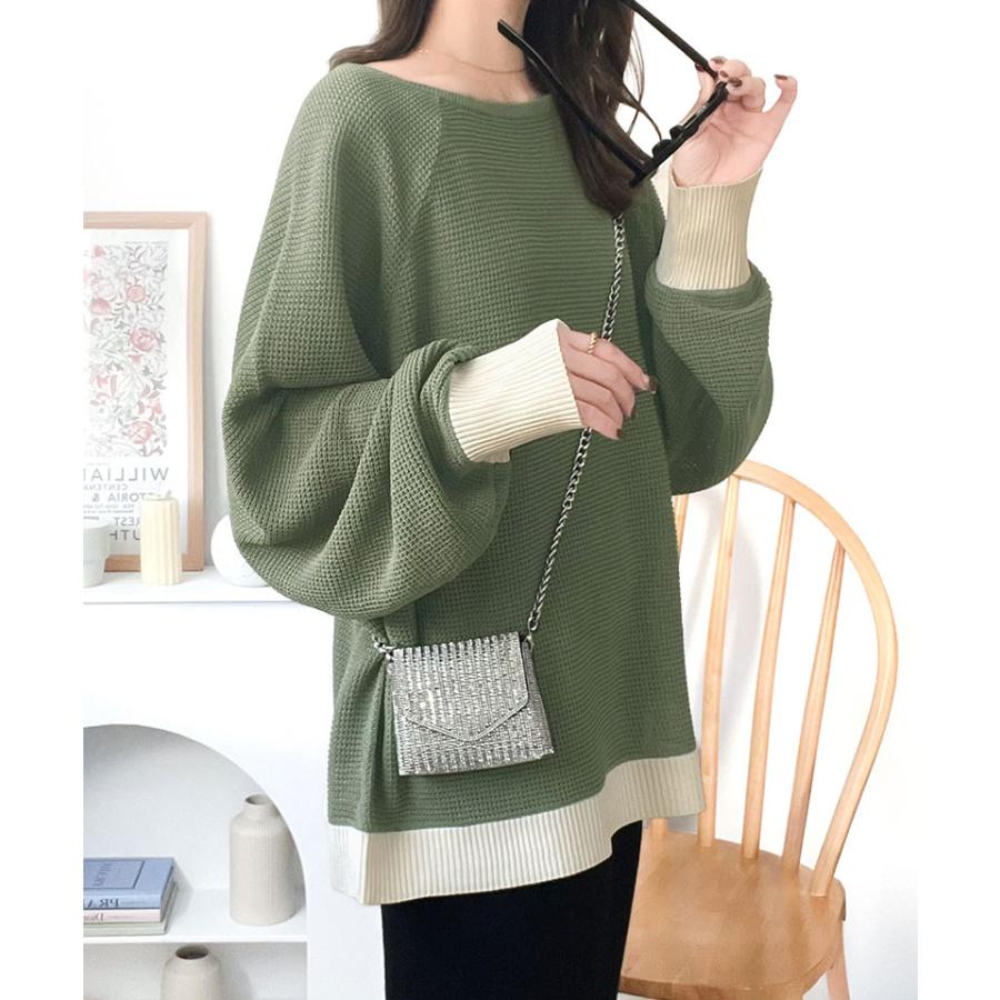 トップス Tシャツ レディース 程よい透け感 オーバーサイズ ワッフル 編み ドルマン 袖 ボートネック ニット プルオーバー 長袖 レトロ | classicalelf | 13