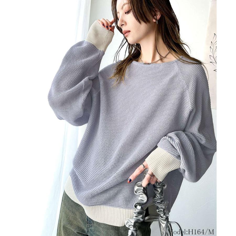 トップス Tシャツ レディース 程よい透け感 オーバーサイズ ワッフル 編み ドルマン 袖 ボートネック ニット プルオーバー 長袖 レトロ | classicalelf | 14