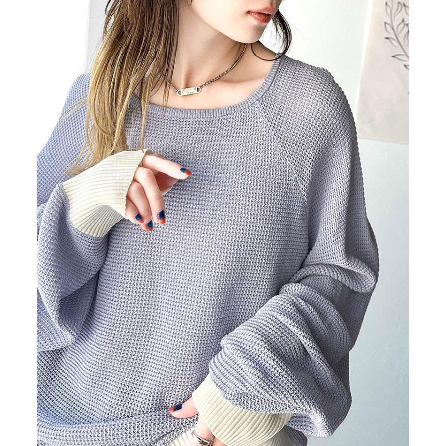 トップス Tシャツ レディース 程よい透け感 オーバーサイズ ワッフル 編み ドルマン 袖 ボートネック ニット プルオーバー 長袖 レトロ | classicalelf | 15