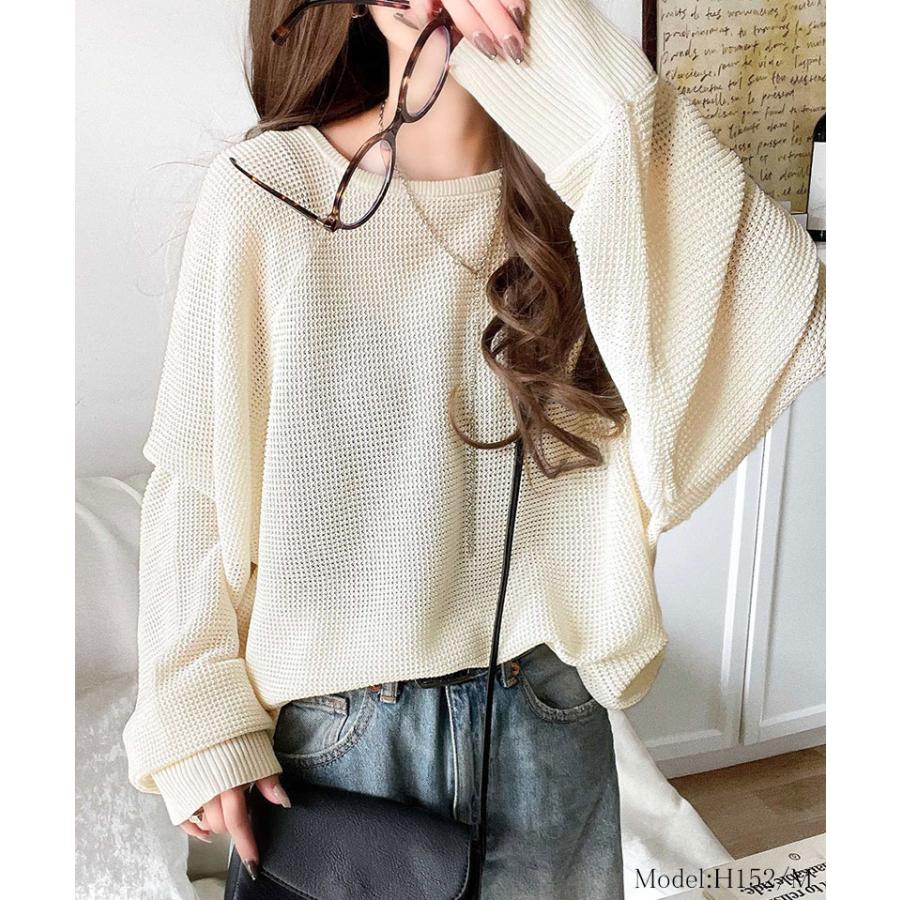 トップス Tシャツ レディース 程よい透け感 オーバーサイズ ワッフル 編み ドルマン 袖 ボートネック ニット プルオーバー 長袖 レトロ | classicalelf | 02