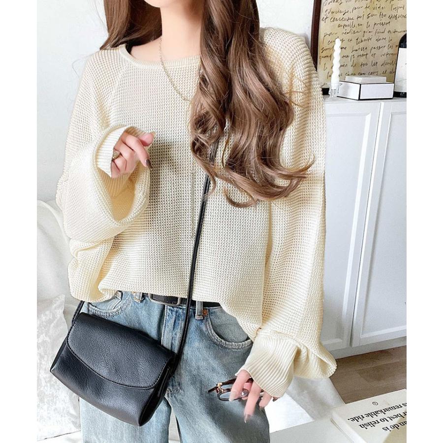 トップス Tシャツ レディース 程よい透け感 オーバーサイズ ワッフル 編み ドルマン 袖 ボートネック ニット プルオーバー 長袖 レトロ | classicalelf | 03