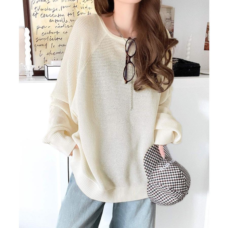 トップス Tシャツ レディース 程よい透け感 オーバーサイズ ワッフル 編み ドルマン 袖 ボートネック ニット プルオーバー 長袖 レトロ | classicalelf | 04