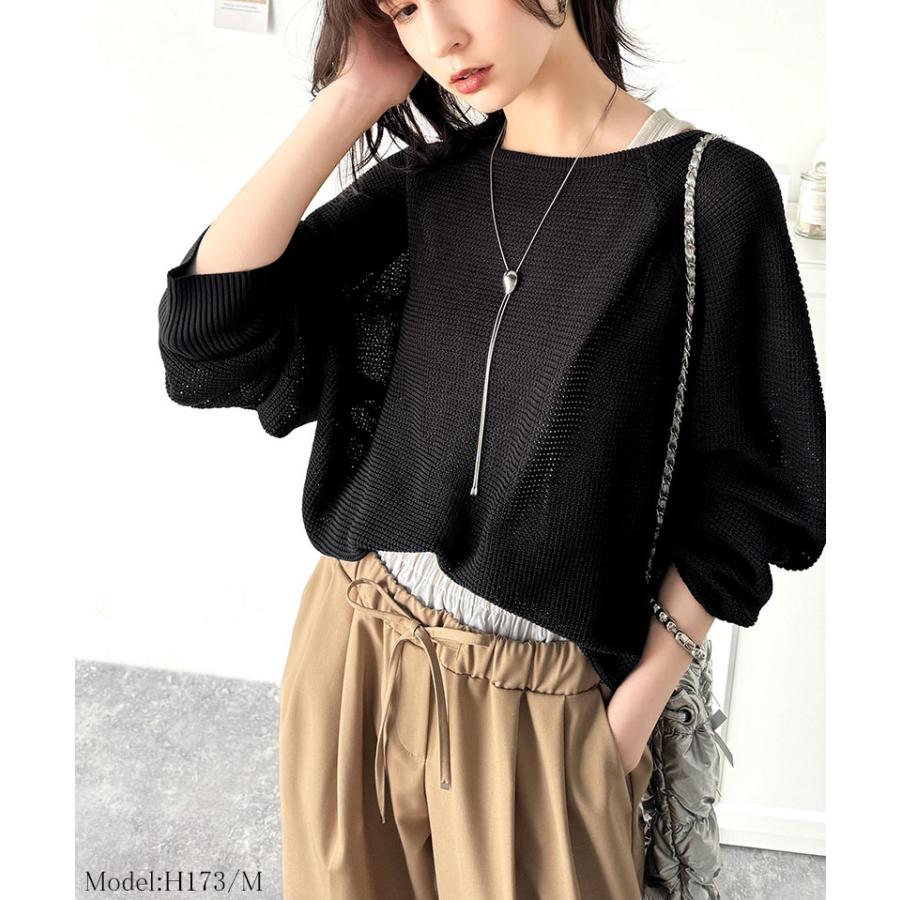 トップス Tシャツ レディース 程よい透け感 オーバーサイズ ワッフル 編み ドルマン 袖 ボートネック ニット プルオーバー 長袖 レトロ | classicalelf | 05