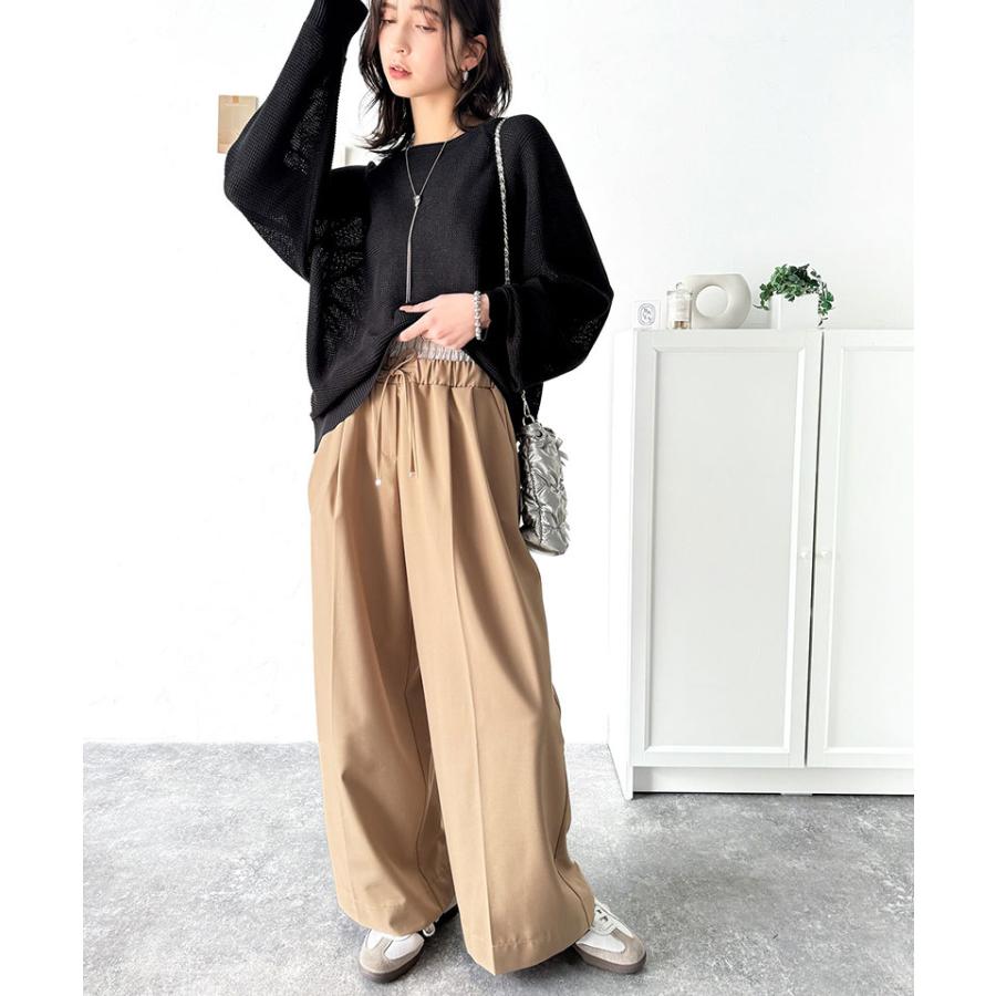 トップス Tシャツ レディース 程よい透け感 オーバーサイズ ワッフル 編み ドルマン 袖 ボートネック ニット プルオーバー 長袖 レトロ | classicalelf | 07