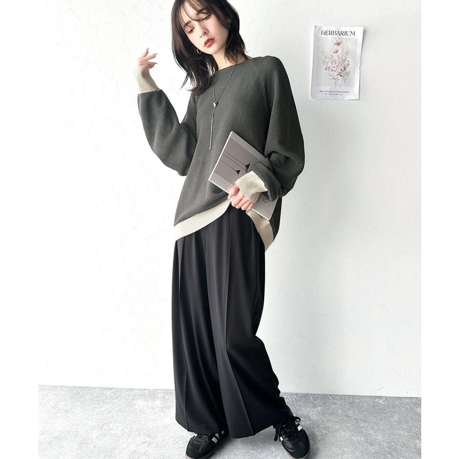 トップス Tシャツ レディース 程よい透け感 オーバーサイズ ワッフル 編み ドルマン 袖 ボートネック ニット プルオーバー 長袖 レトロ | classicalelf | 09