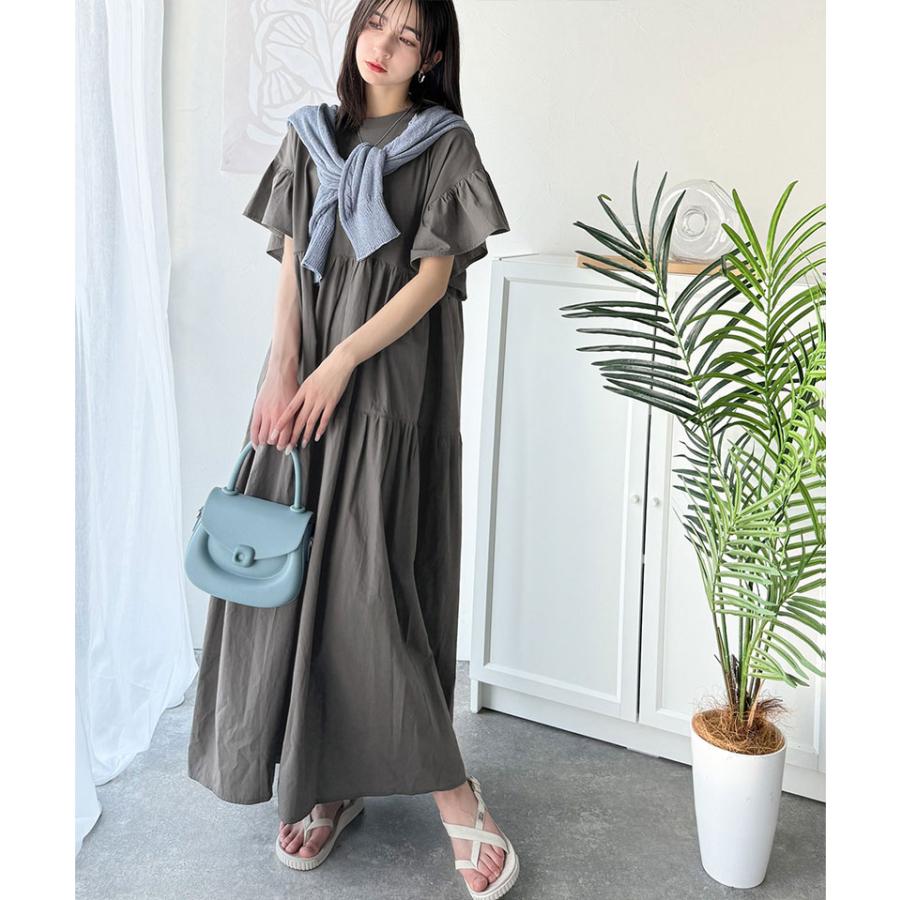 ワンピース 夏 レディース 接触冷感 布帛 ドッキング 袖 フリル ティアード ワンピ ロング丈 体型カバー オーバーサイズ 大きいサイズ 春 夏 | classicalelf | 10