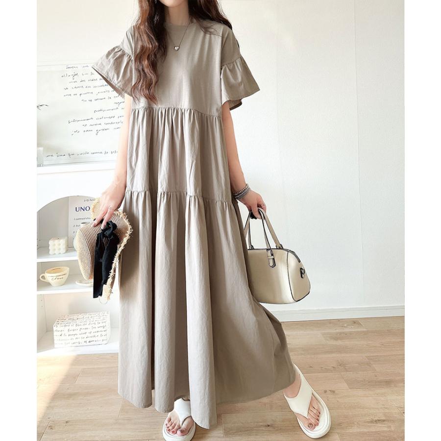 ワンピース 夏 レディース 接触冷感 布帛 ドッキング 袖 フリル ティアード ワンピ ロング丈 体型カバー オーバーサイズ 大きいサイズ 春 夏 | classicalelf | 13