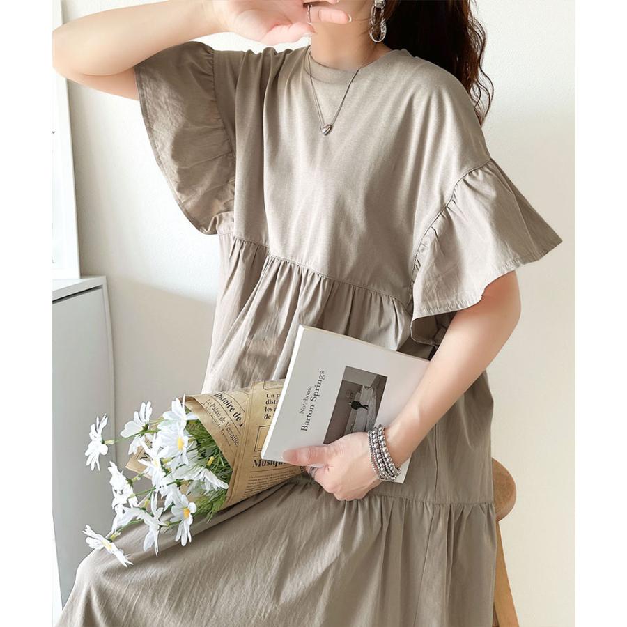 ワンピース 夏 レディース 接触冷感 布帛 ドッキング 袖 フリル ティアード ワンピ ロング丈 体型カバー オーバーサイズ 大きいサイズ 春 夏 | classicalelf | 14