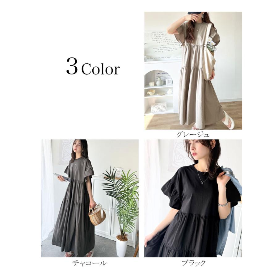 ワンピース 夏 レディース 接触冷感 布帛 ドッキング 袖 フリル ティアード ワンピ ロング丈 体型カバー オーバーサイズ 大きいサイズ 春 夏 | classicalelf | 01