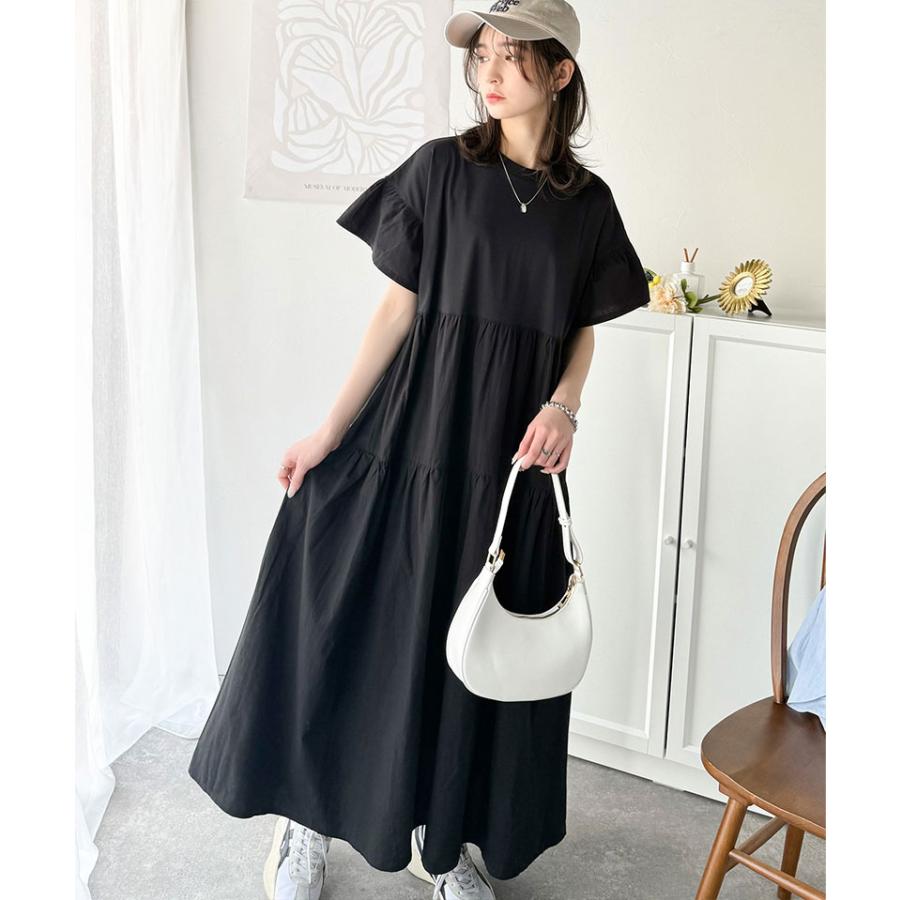 ワンピース 夏 レディース 接触冷感 布帛 ドッキング 袖 フリル ティアード ワンピ ロング丈 体型カバー オーバーサイズ 大きいサイズ 春 夏 | classicalelf | 03