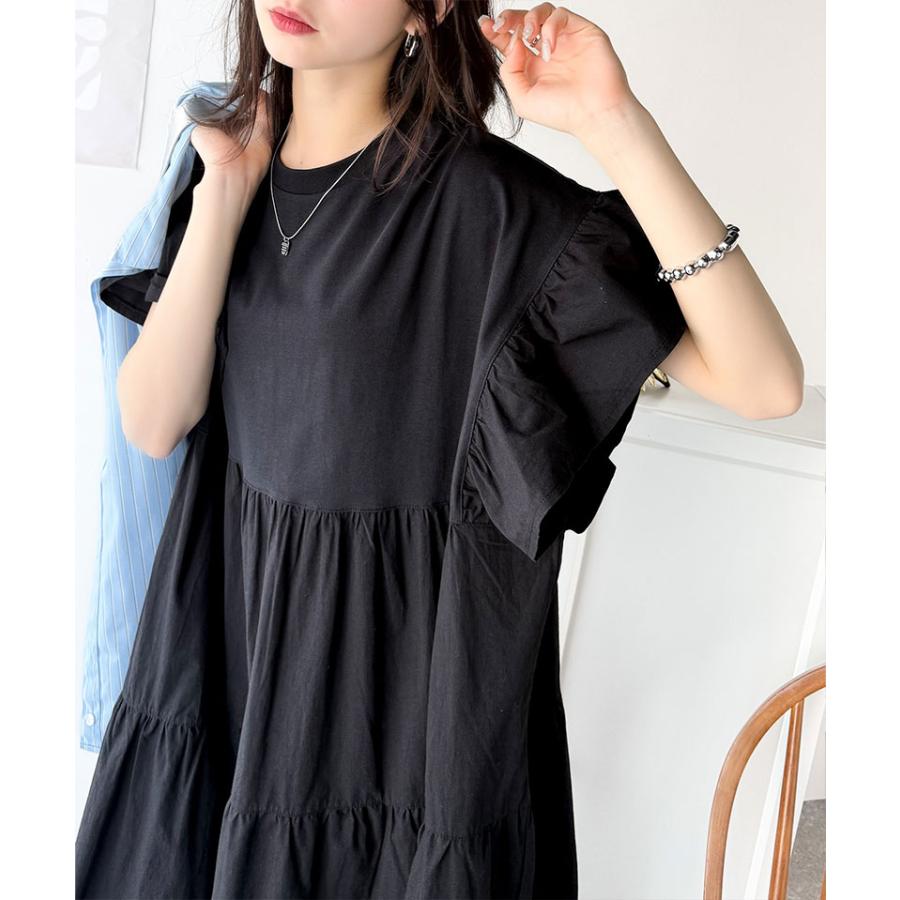 ワンピース 夏 レディース 接触冷感 布帛 ドッキング 袖 フリル ティアード ワンピ ロング丈 体型カバー オーバーサイズ 大きいサイズ 春 夏 | classicalelf | 04
