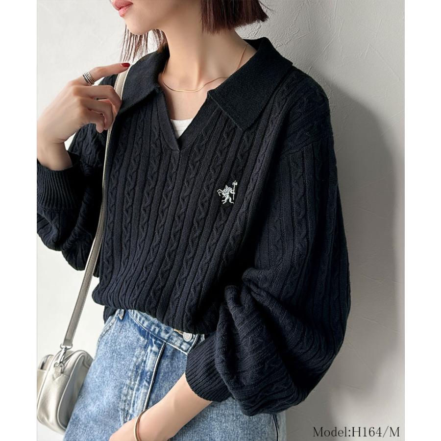 【 クラシカルエルフ classical elf 】ニット レディース 長袖 トップス 品よく華やぐ 胸 刺繍 ケーブル 編み ポロ 襟 スキッパーニット ボリューム | classicalelf | 11