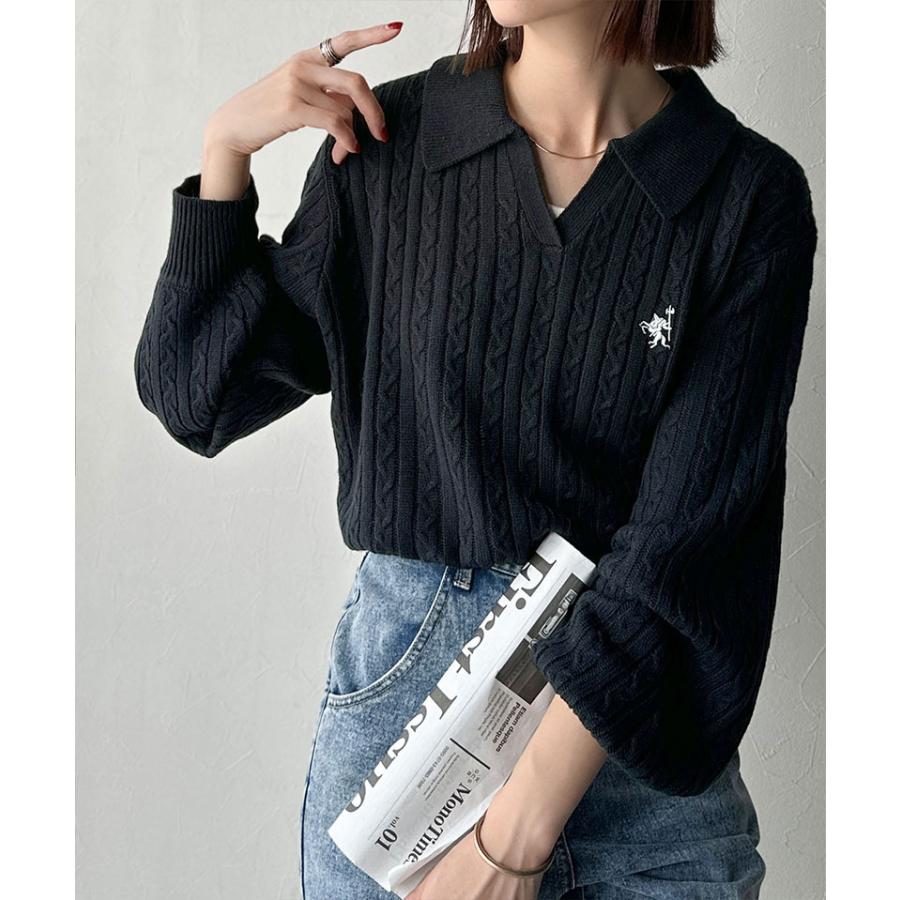 【 クラシカルエルフ classical elf 】ニット レディース 長袖 トップス 品よく華やぐ 胸 刺繍 ケーブル 編み ポロ 襟 スキッパーニット ボリューム | classicalelf | 12