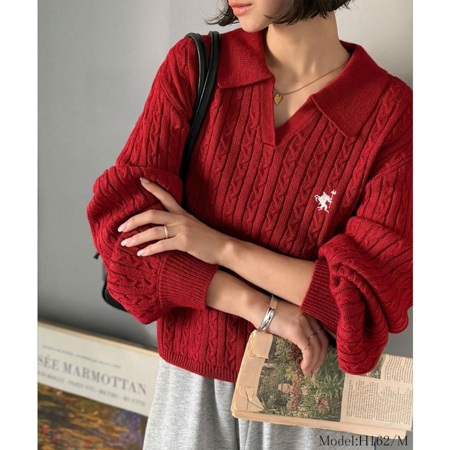 【 クラシカルエルフ classical elf 】ニット レディース 長袖 トップス 品よく華やぐ 胸 刺繍 ケーブル 編み ポロ 襟 スキッパーニット ボリューム | classicalelf | 14