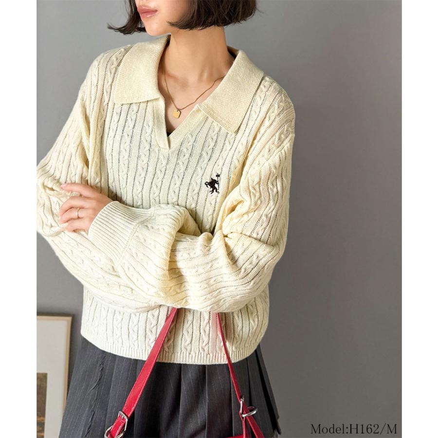 【 クラシカルエルフ classical elf 】ニット レディース 長袖 トップス 品よく華やぐ 胸 刺繍 ケーブル 編み ポロ 襟 スキッパーニット ボリューム | classicalelf | 02